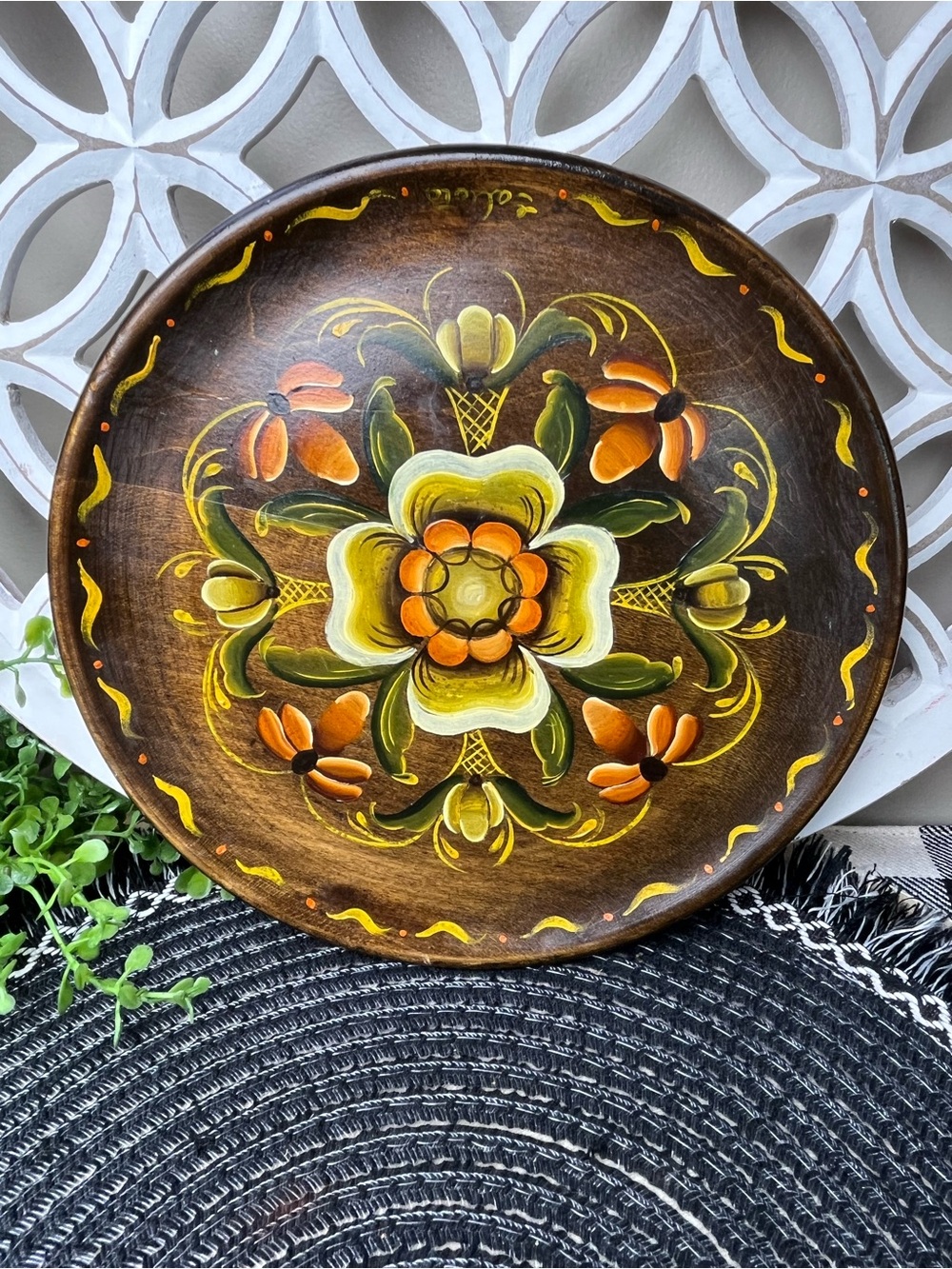 Vintage Hand Painted Solid Wood 8” Plate Signed By Artist